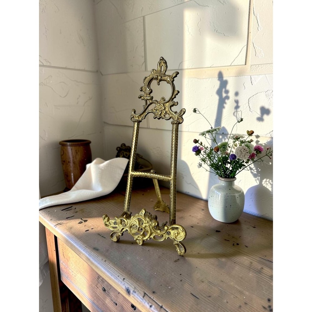 Vintage Ornate Brass Easel Stand - Silver Rococo Picture Display BookStand